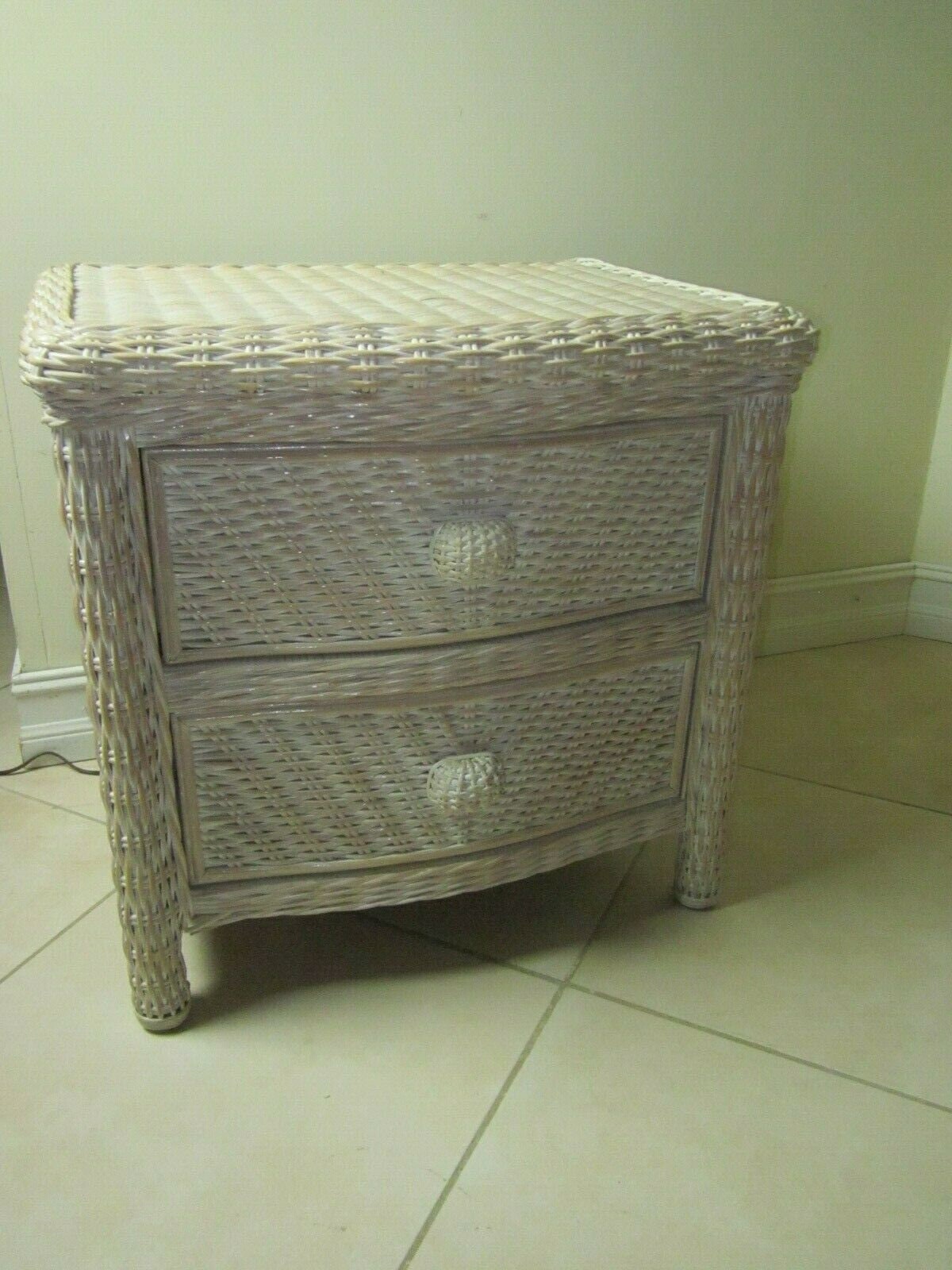 Wicker Rattan Nightstand Two Drawer Coastal Style Ivory Color Shipping