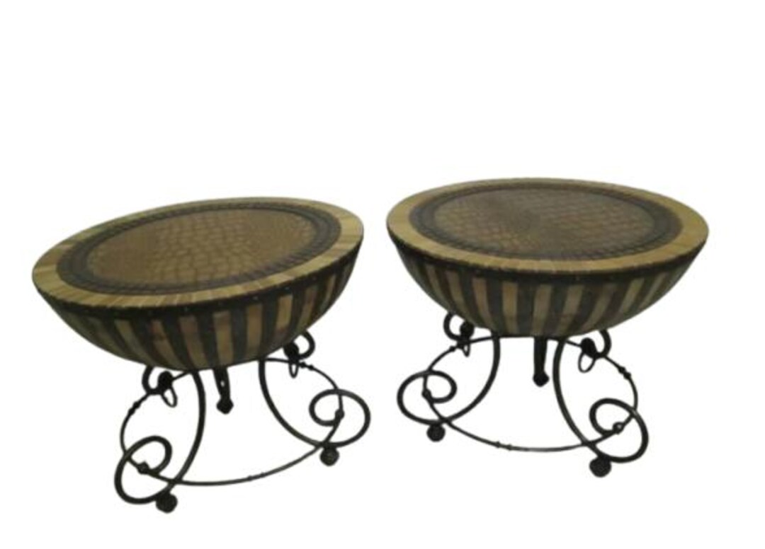 Kreiss Nairobi Drum Style End Table Wood Leather Top With Metal Legs ...