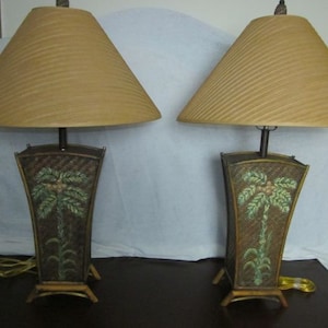 Tommy Bahama Style Rattan Table Lamp Palm Tree Hand Painted With Shade Set Of 2 Shipping Is Not Free