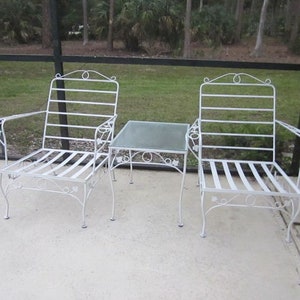 Vintage Russell Woodard Style Garden Patio Set White Chantilly Rose Two Wrought Iron Armchairs And Side Table Glass Top Set of 3