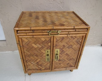 Mid-Century Faux Bamboo Woven Rattan Campaign Storage Cabinet Side Table  Shipping is not included