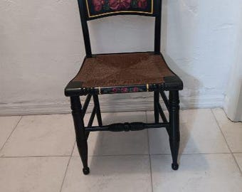 Antique wood black color chair straw seat with painted flower