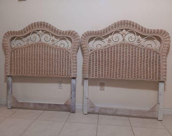 Twin Size Headboard Wicker Metal Flowers Rattan Cottage Beach Coastal Boho Set 2