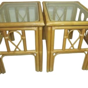 Vintage Tiki Palm Beach Bamboo Rattan End Table glass top honey color Set of 2
