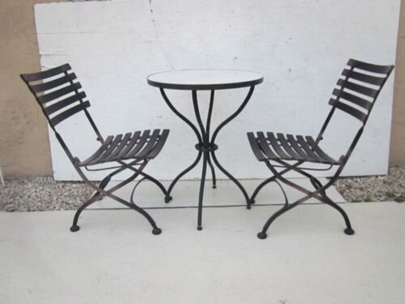 Metal Patio Set Black Round Table Tile Top and Two Folding Etsy