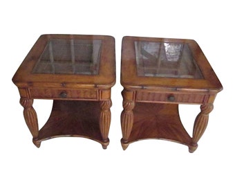 Wood Tommy Bahama Style End Table One Drawer Medium Tone Glass top go for free Set of two Shipping is ExtraShipping is not included