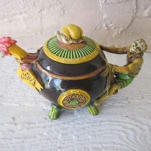 Monkey Rooster Teapot Minton Majolica Style Multicolor Porcelain