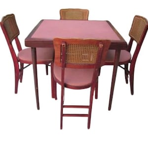 Vintage Mid-Century Stakmore Card Table With 4 Stakmore Folding Cane Back Chairs Shipping Is Not Free