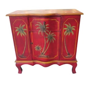 Asian Style Hand Painted Cabinet/ side table nightstand red and green palm two door one drawer Shipping Is Not Free