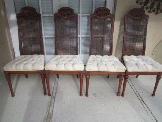 Vintage Wood Dining Chair Cane Back Upholstered Seat Made in