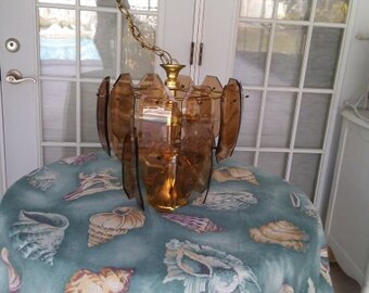 Vintage Glass 5-light Chandelier Beveled Etched Amber Glass