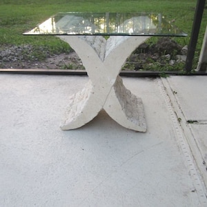 Stone Tessellated Fossil Mactan Base End Table Glass Top White VintageShipping Is Not Free