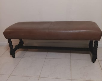 Upholstered Bench With Turned Legs Leather Seat Brown Dark Wood Frame