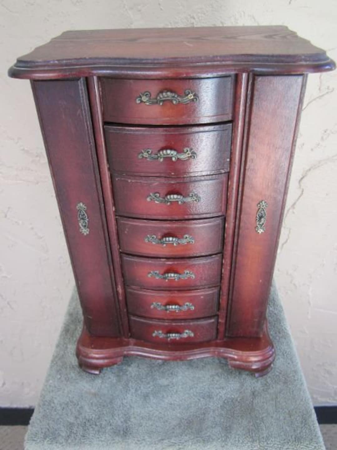 Vintage Wood Jewelry Box 7 Drawer Two Doors Mirror Bombay Style Dark Tone Free Shippingshipping is Not Free Etsy