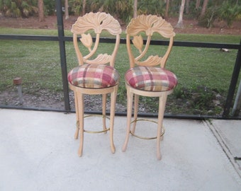 Italian Venetian Grotto Barstool Wash Wood Carved Flower Back Rest Set of 2 Shipping is not included