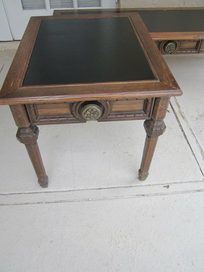 Vintage Mersman Wood And Leather Top Coffee And Two End Tables Etsy