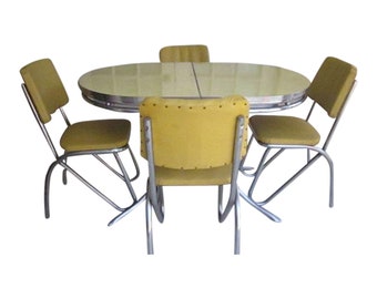 Metal Dinette Retro Chrome Oval Table Extra Leaf 4 Chairs Yellow 1950's Set Shipping is not included