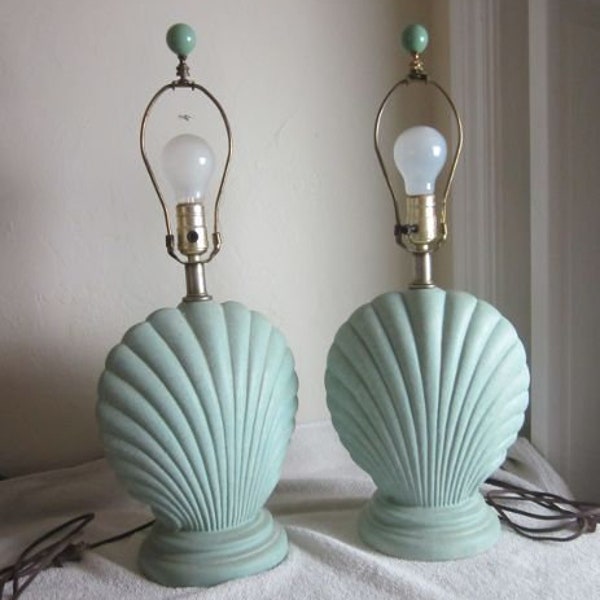 Scalloped Shell Table Lamp Aqua No Shade Vintage Set of 2