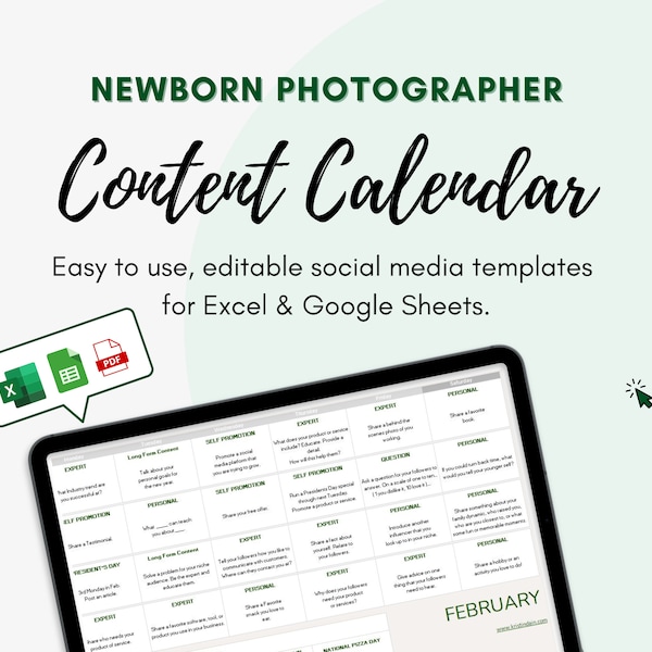 EDITABLE Newborn Photographer Social Media Content Calendar l 365 Day Social Media Marketing Planner l Social Media For Small Business