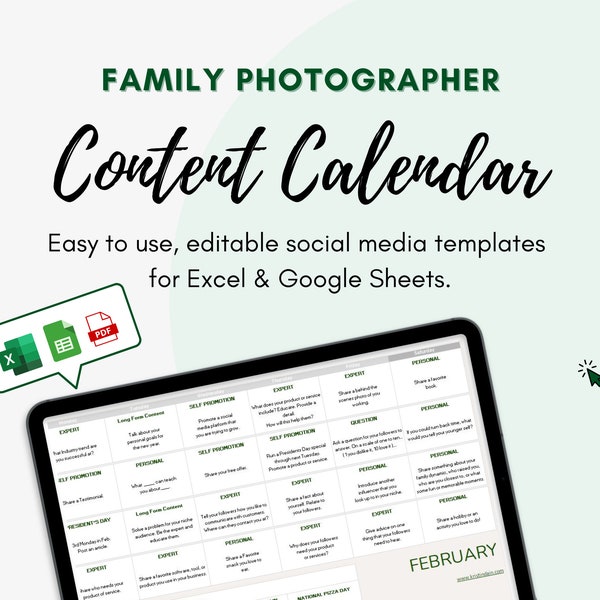 EDITABLE Family Photographer Social Media Content Calendar l 365 Day Social Media Marketing Planner l Social Media For Small Business