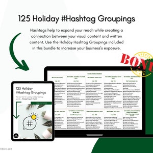 May include: A laptop computer screen displays a list of 125 holiday hashtags grouped by month. The screen is surrounded by a green background with the text "125 Holiday #Hashtag Groupings" and "SPECIAL BONUS" in large, bold letters.