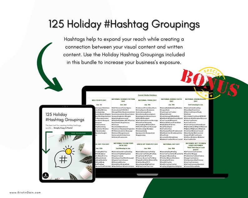 May include: A laptop computer screen displays a list of 125 holiday hashtags grouped by month. The screen is surrounded by a green background with the text "125 Holiday #Hashtag Groupings" and "SPECIAL BONUS" in large, bold letters.
