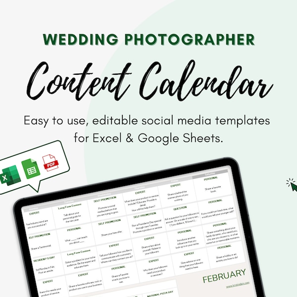 EDITABLE Wedding Photographer Social Media Content Calendar l 365 Day Social Media Marketing Planner l Social Media For Small Business