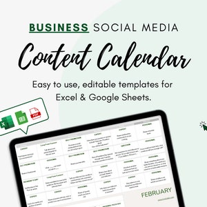 May include: A digital tablet displaying a content calendar template for social media. The calendar is organized by day and includes prompts for different types of content, such as expert advice, personal stories, and self-promotion. The calendar is for the month of February. The image also includes icons for Excel, Google Sheets, and PDF.