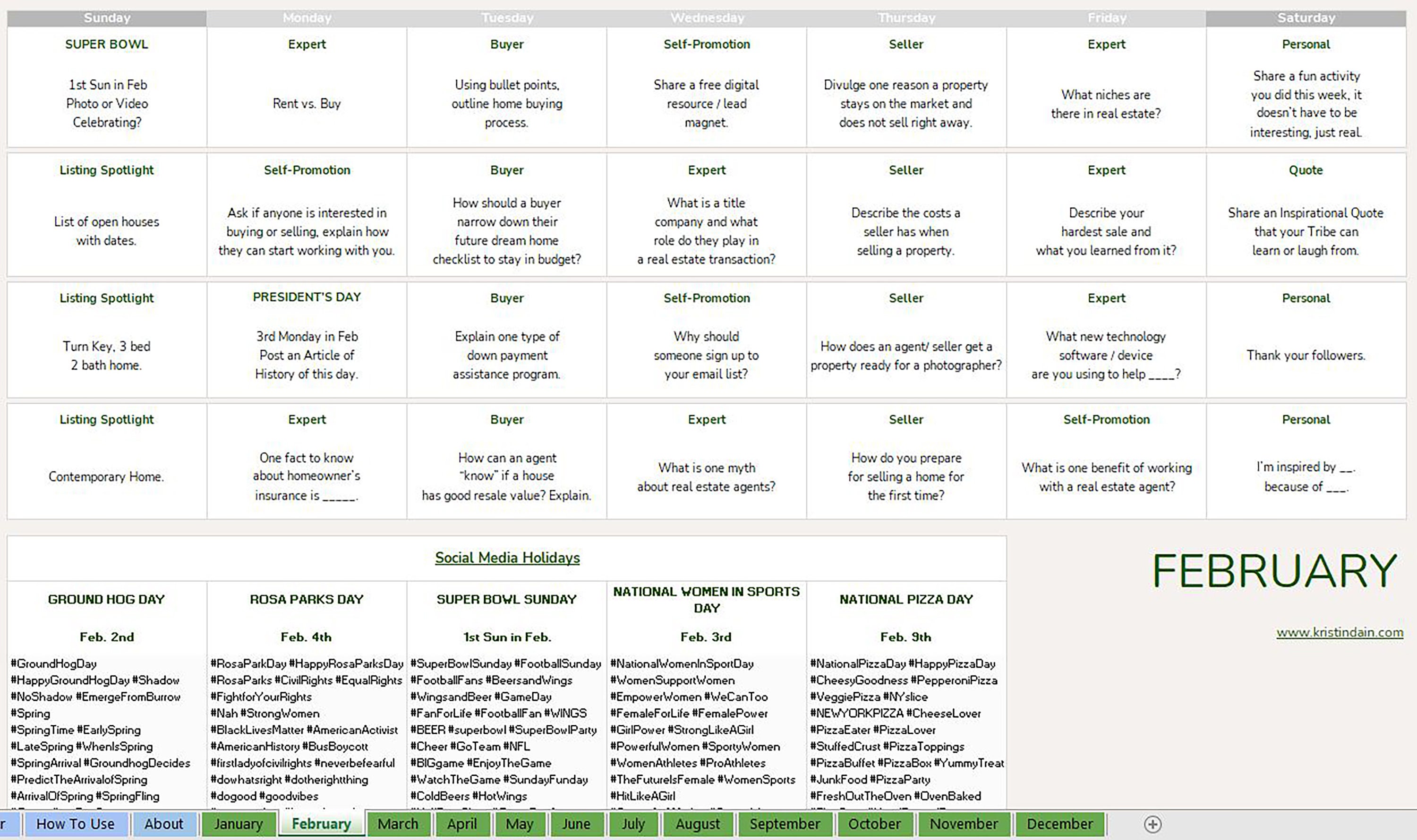 EDITABLE Real Estate Agent Social Media Content Calendar L 365 Day