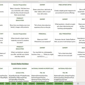 May include: A green and white calendar with the word "February" in large, bold letters. The calendar is divided into seven columns, one for each day of the week, and six rows, one for each week of the month. Each cell contains a suggestion for a social media post for photographers, with topics such as "Share the Love", "President's Day", "Super Bowl Sunday", and "National Women in Sports Day".