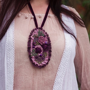 Bohemian fabric unique pendant/brooch with lace. Vintage textiles. Ornate embroidered and beaded brooch. A luxury gift. Ready to ship