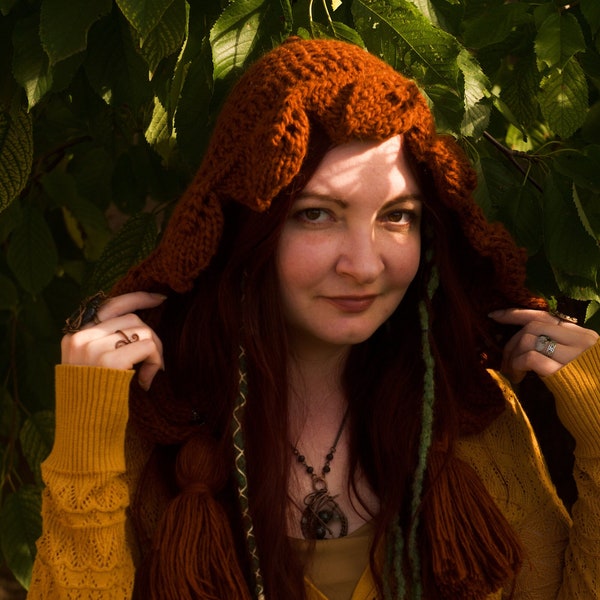 Knitted Pixie leafy forest hood. Elven cap with tassels. Hand knit Medieval cottagecore gift. Ready to ship
