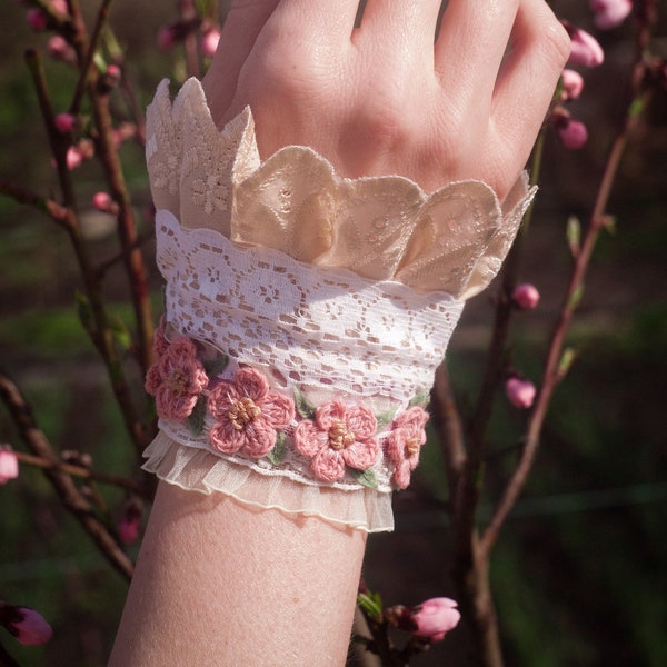 Faerie boho romantic Victorian bracelet. Bohemian gentle cuff with lace and crocheted flowers. A luxury celebratory gift. Ready to ship