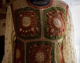 Crocheted rustic floral granny square tweed sleeveless shirt. Peasant boho style warm vest for a shirt. Handmade caring gift. Ready to ship