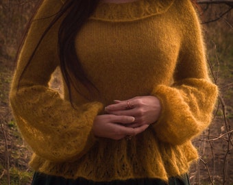 Hand knitted mustard mohair blouse with puff sleeves and peplum. Romantic Mori girl sweater. Personal Pre-order