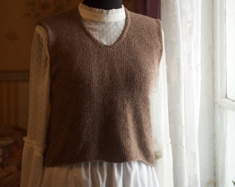 Knitted rustic light brown tweed sleeveless shirt. Peasant warm vest for a shirt. Hand knit caring gift. Personal Pre-order.