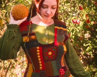 Warm exclusive sweater vest in the technique of knitted patchwork in the forest autumn Boho style. A luxury gift. Ready to ship