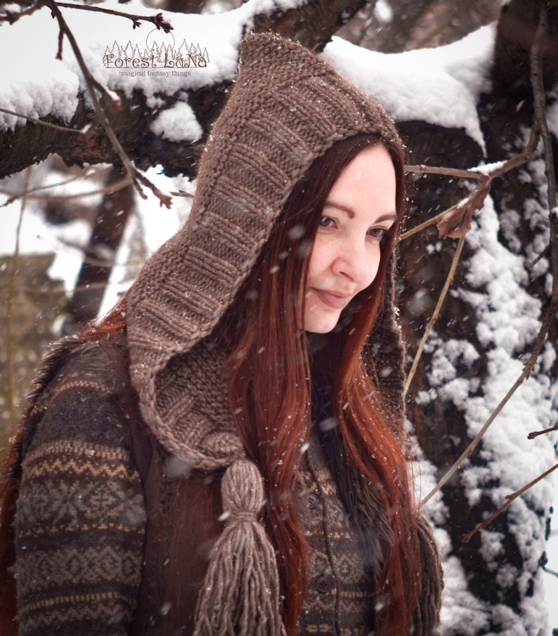 Elven emerald oversize knitted forest bonnet with tassels Hand knit caring gift for her Ready to ship.