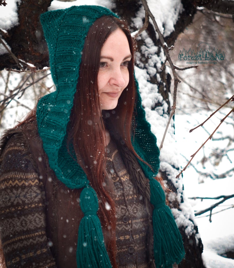 Elven emerald oversize knitted forest bonnet with tassels Hand knit caring gift for her Ready to ship.
