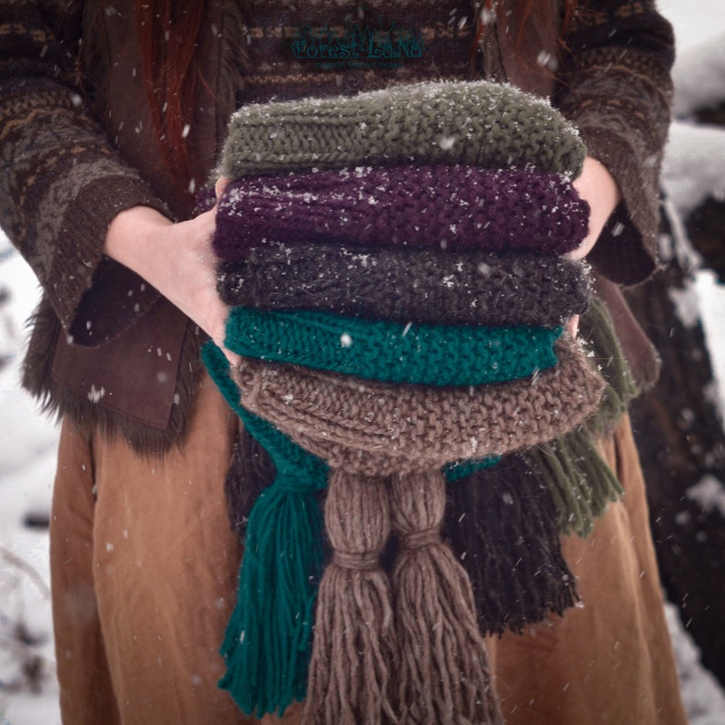 Elven emerald oversize knitted forest bonnet with tassels Hand knit caring gift for her Ready to ship.