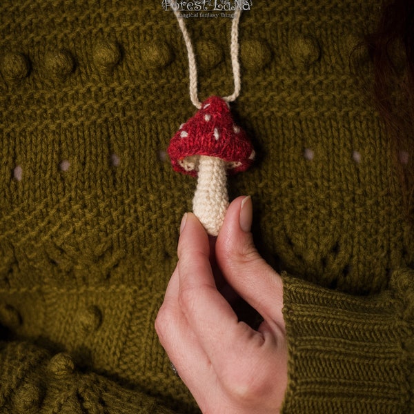 Woodland knitted mushroom pendant. Forest Witch's fly agaric necklace jewelry. Amanita elf pendant. Original gift. Ready to ship