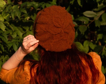 Dark academy knitted arans beret. Round wool warm brown hat. Autumn accessory for ladies of any style. A luxury gift. Ready to ship