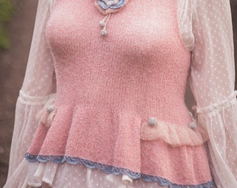 Romantic boho shabby chic vest with ruffles. Hand-knitted and original design. A luxury bohemian gift. Ready to ship. Size S-L