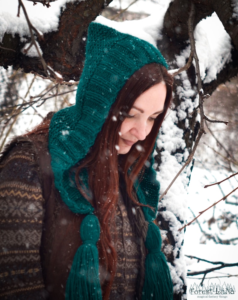 Elven emerald oversize knitted forest bonnet with tassels Hand knit caring gift for her Ready to ship.
