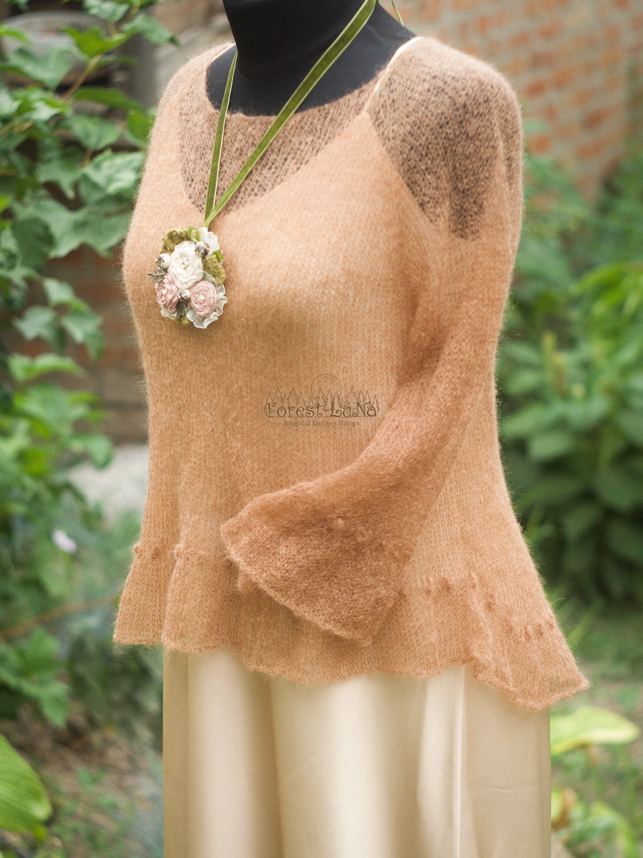 Handknitted caramel mohair blouse with an elongated back. Victorian soft blouse. Romantic Mori girl sweater. Bohemian sweater. Luxury gift