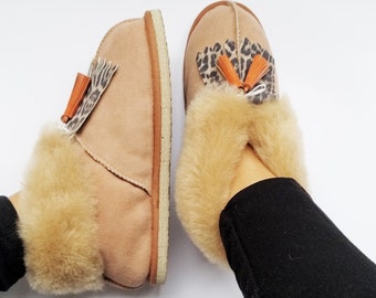 The Leopard Slippers | Sheepskin Slippers with Animal Print Kilties | Custom Felted Slippers