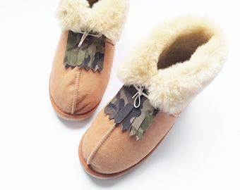 Fuzzy Camouflage Sheepskin Slippers | Custom Sheep Skin Moccasin Slippers  | Warm House Shoes