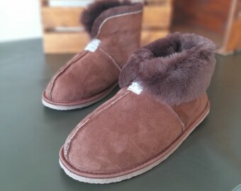 Brown Sheepskin Slippers for Men | Slipper Boot  | Moccasin Slipper | Warm House Shoes | Fuzzy Sheep Fur Sleeper