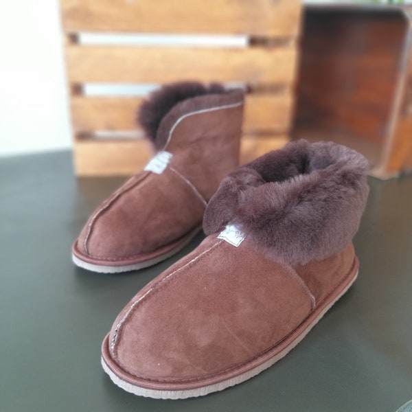 Brown Sheepskin Slippers for Men | Slipper Boot  | Moccasin Slipper | Warm House Shoes | Fuzzy Sheep Fur Sleeper