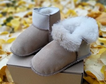 Beige Sheepskin Leather Baby Slippers | Baby Gift | First Sheepskin Booties | Baby Moccasins